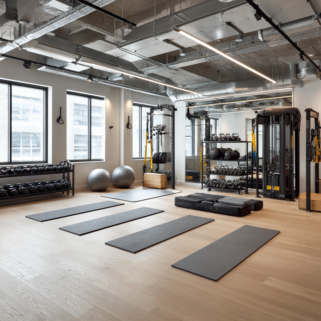 functional training equipment arranged in organized modern studio space