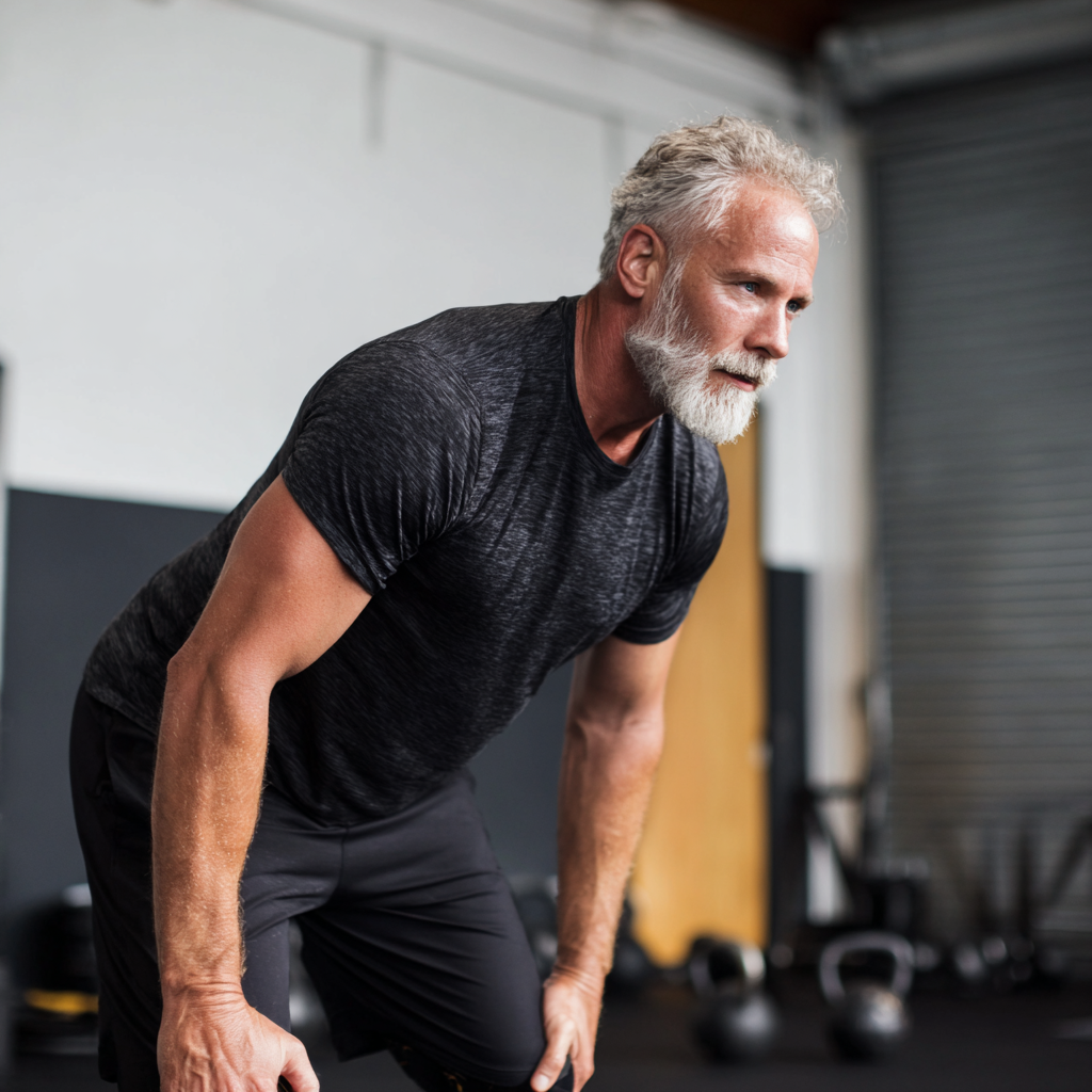 mature man performing controlled functional movement in minimalist gym setting
